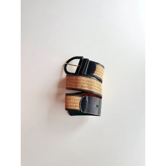 STEFANEL Black Leather Tan Raffia Wide Belt, Size 3 - Picture 1 of 11
